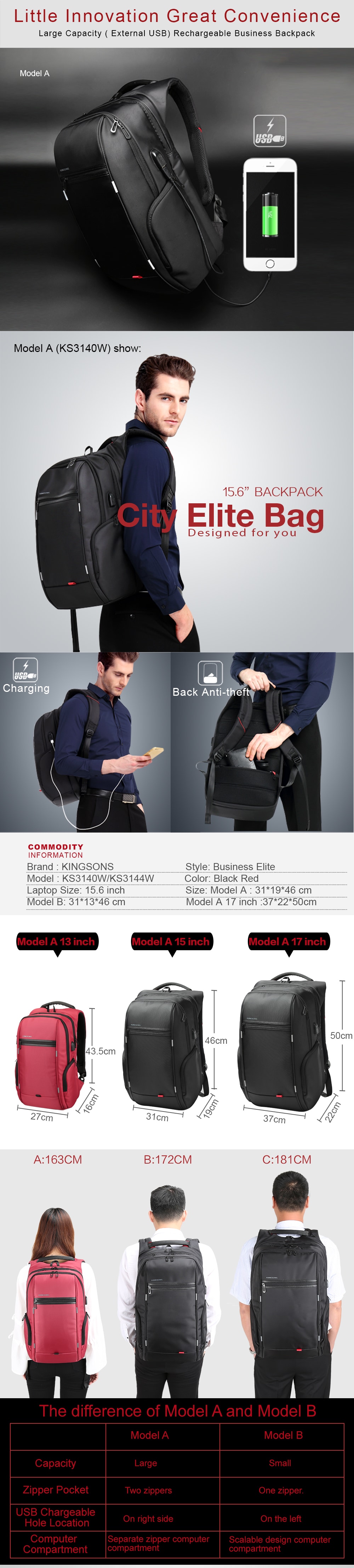 Kingsons KS3140W USB Charge Computer Backpacks Anti-Theft Waterproof Bags Fo Men- Black 15.6inch