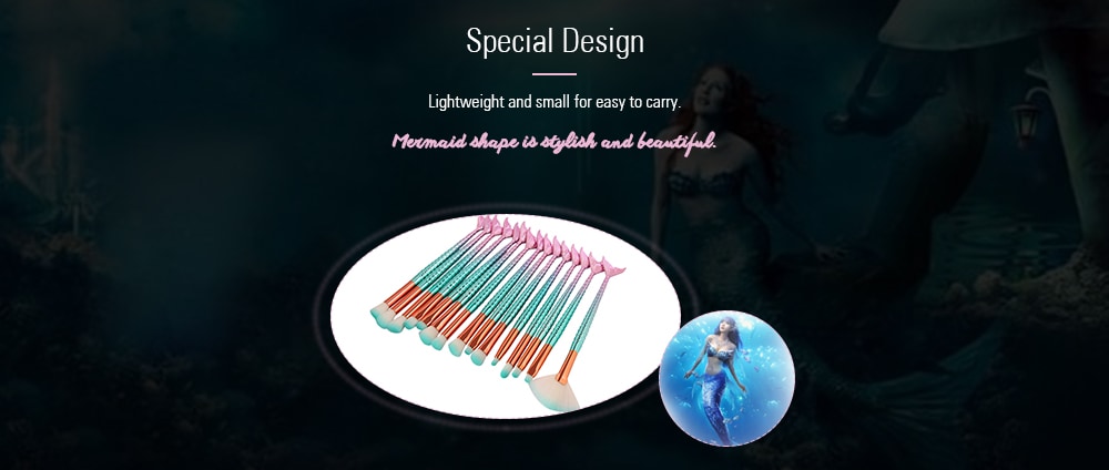 15Pcs Two Tone Mermaid Facial Makeup Brushes- Pinkish Blue