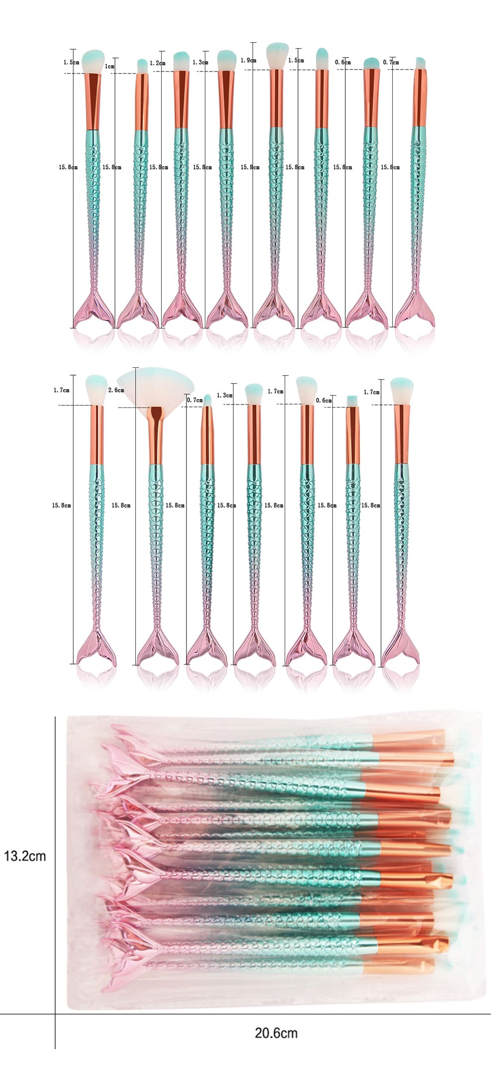 15Pcs Two Tone Mermaid Facial Makeup Brushes- Pinkish Blue