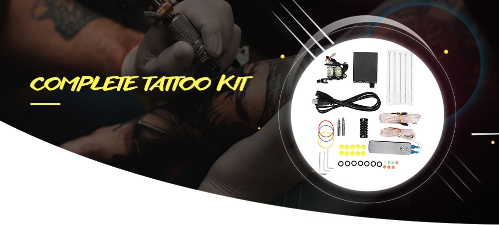 PX110001 Complete Tattoo Kit Equipment Machine Needles Power Supply Gun Set- Black Two Pin US Plug