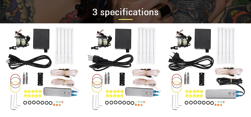 PX110001 Complete Tattoo Kit Equipment Machine Needles Power Supply Gun Set- Black Two Pin US Plug