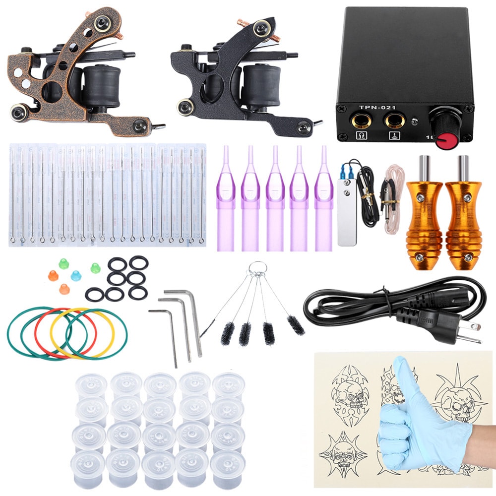 Tattoo Kit 2 Iron Machine Gun Shader Liner Foot Pedal Switch Mixed Needles - Black Three Pin US Plug