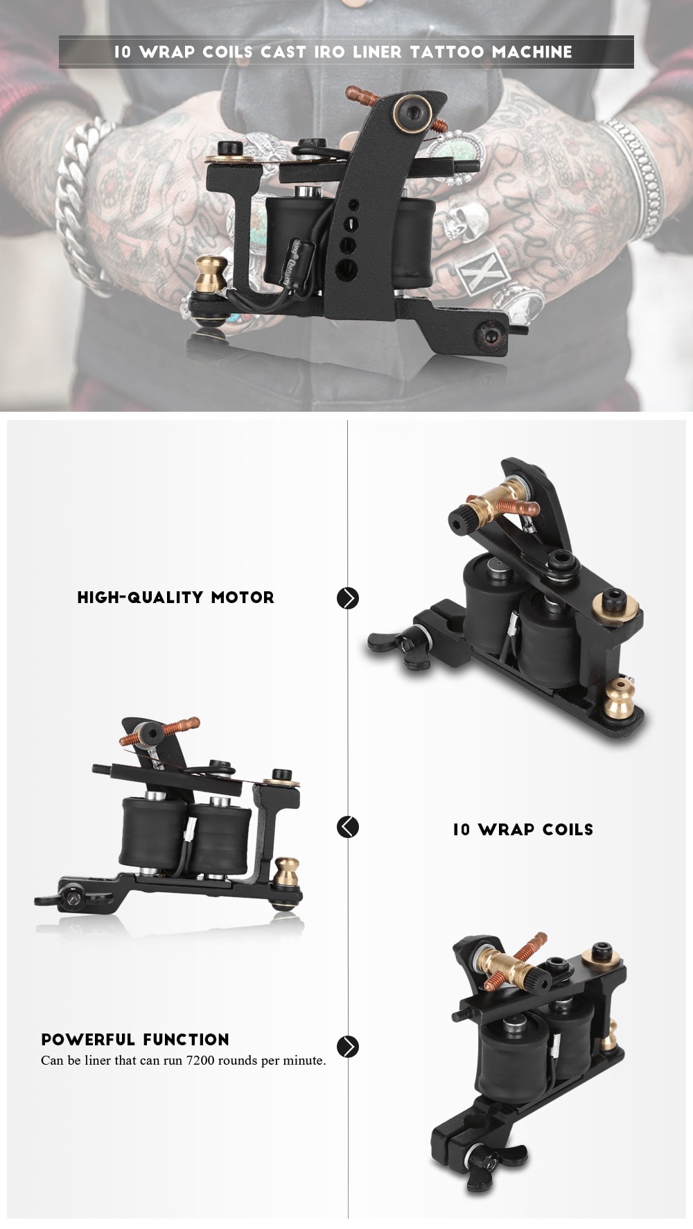 Professional 10 Wrap Coils Casting Iron Liner Tattoo Machine- Black