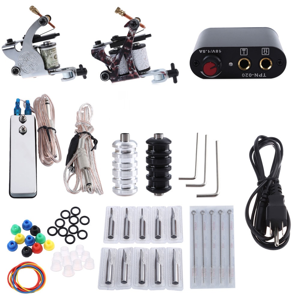 Tattoo Kit 2 Machine Gun Pigment Tips Power Supply Set 20 Needle for Beginner- Silver and Black EU Plug