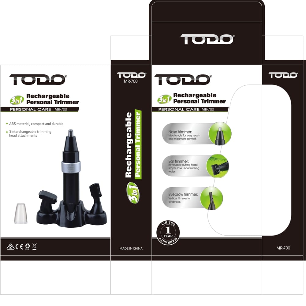 TODO Rechargeable 3 in1 Nose Trimmer Men's Personal Grooming Kit Hair Removal Face Eyebrow Ear Trimmer- Black and Silver