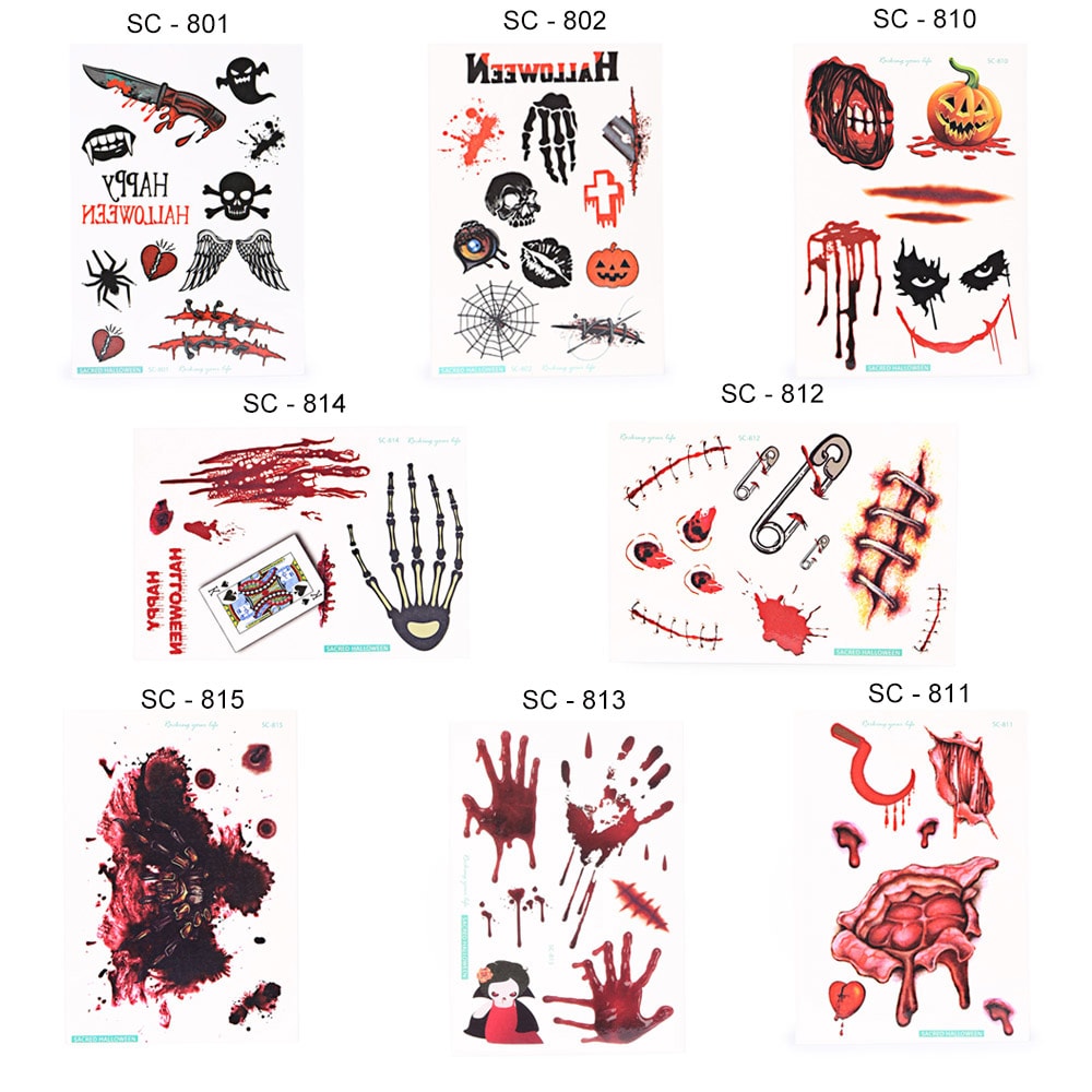 Diverse Waterproof Temporary Bloody Tattoo Stickers Horror for Halloween Makeup- Colormix SC - 813