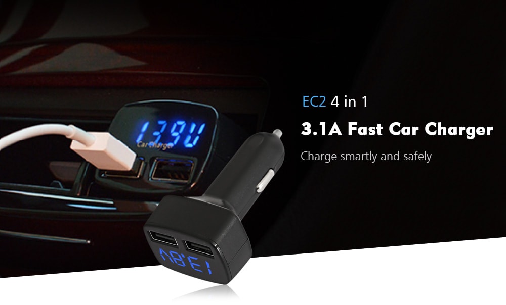 EC2 4 in 1 3.1A Dual USB Ports Car Charger with Voltage Current Temperature Display- Black