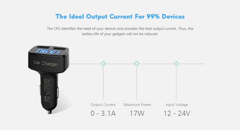 EC2 4 in 1 3.1A Dual USB Ports Car Charger with Voltage Current Temperature Display- Black