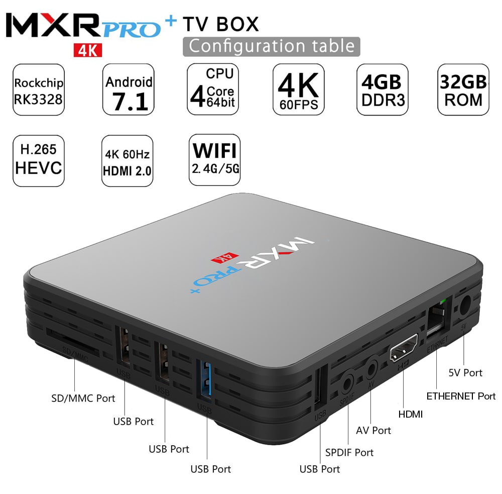 MXR Pro + TV Box 4GB RAM + 32GB ROM RK3328 / 2.4G + 5G WiFi / USB3.0 / BT4.0 / 100Mbps / 4K VP9- Black US Plug