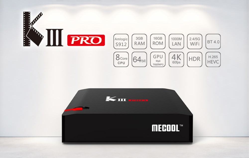 MECOOL KIII PRO TV Box Amlogic S912 Octa Core Android 7.1 OS Media Player- Black US Plug