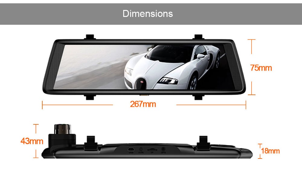 Junsun A900 Car DVR Camera Mirror 3G 10 inch Full Touch Android 5.0 Quad Core GPS WiFi Dual Lens- Black