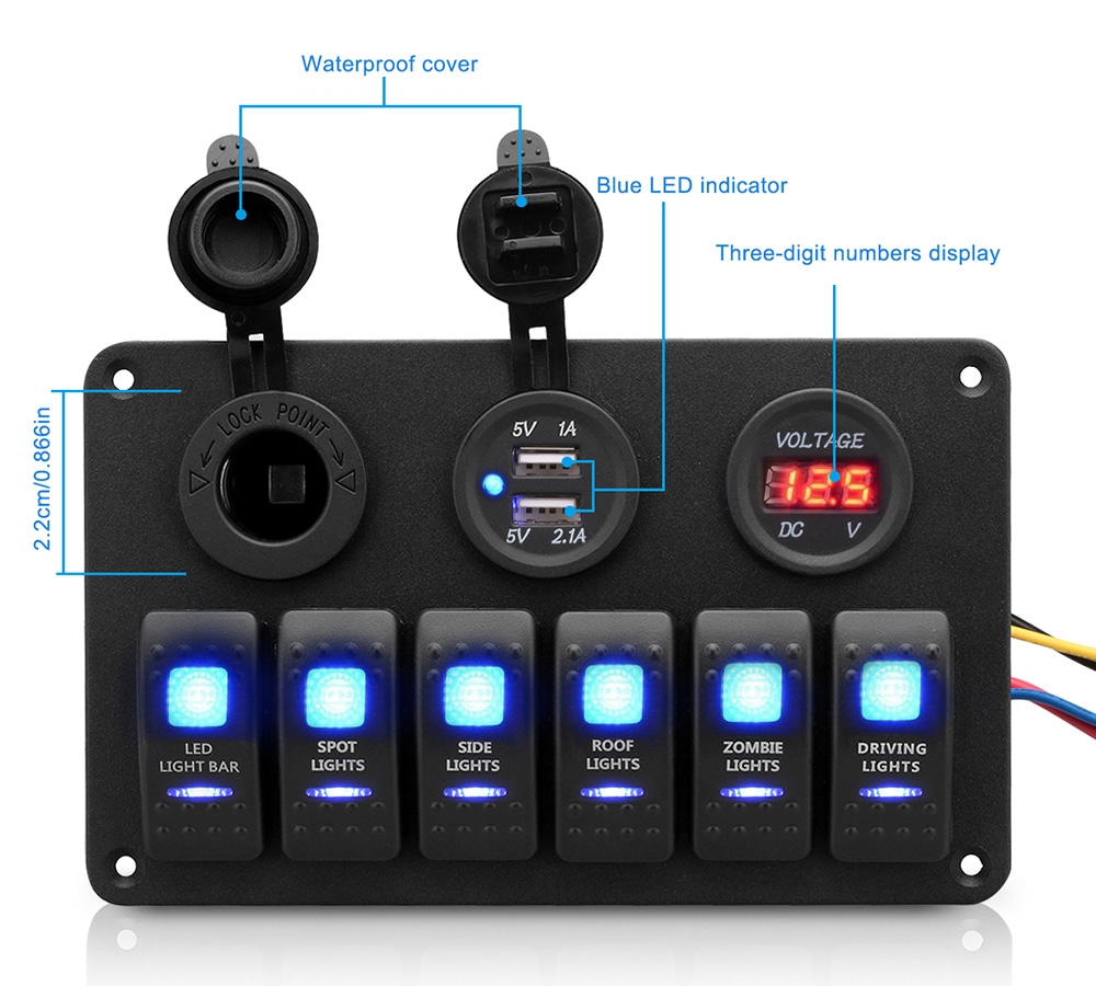 Excelvan 5PIN Dual Lamp 6-position Switch Cigarette Lighter Seat Dual-USB Voltmeter Combination Panel- Black