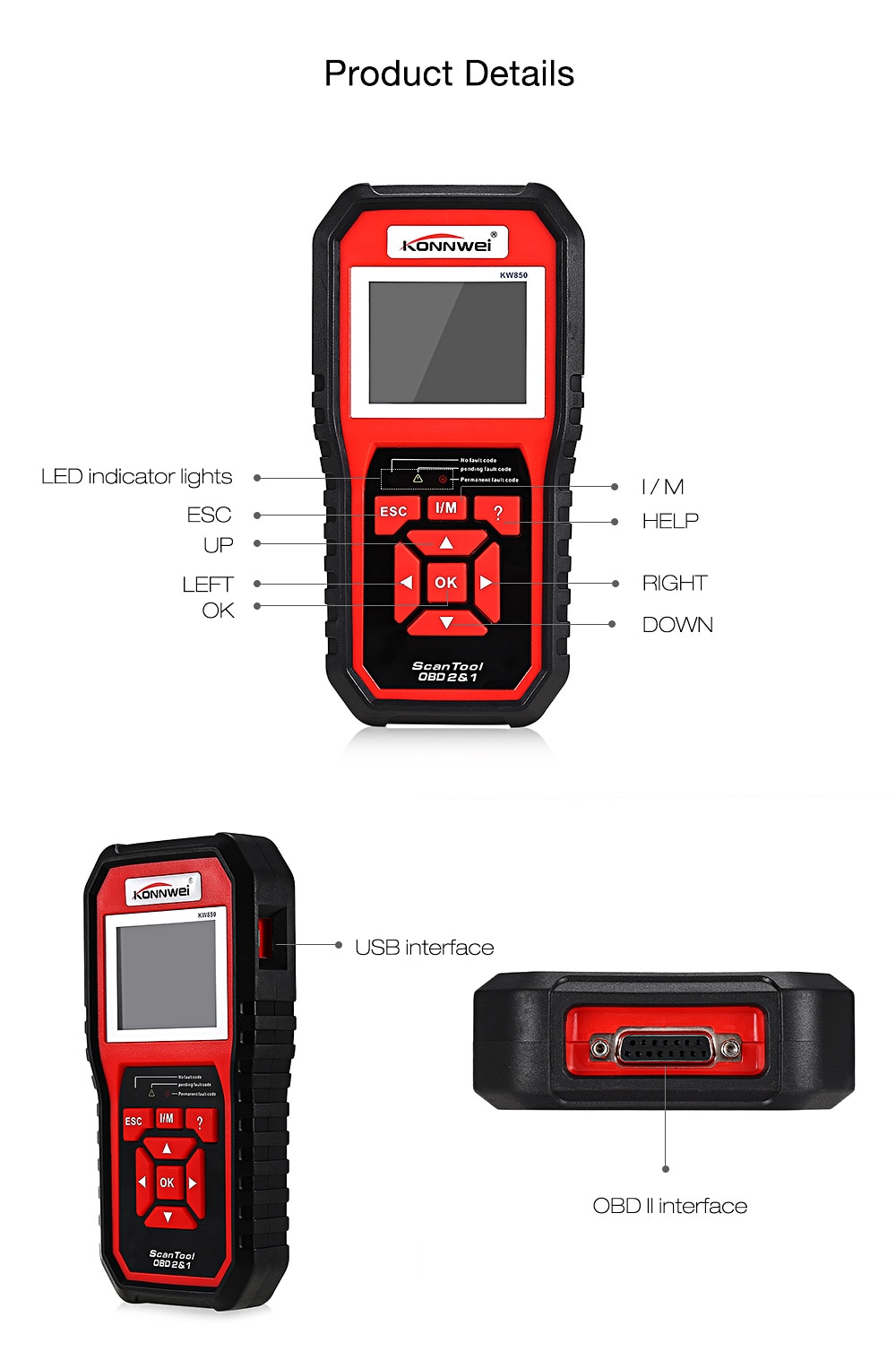 Konnwei KW850 Universal OBD II / EOBD Auto Diagnostic Scanner TFT Color Display / Multiple Languages - Red