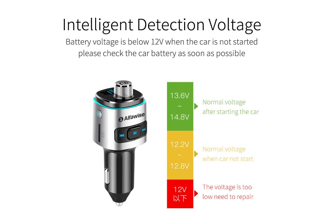 Alfawise QC3.0 Bluetooth 4.2 FM Transmitter Car Charger- Silver