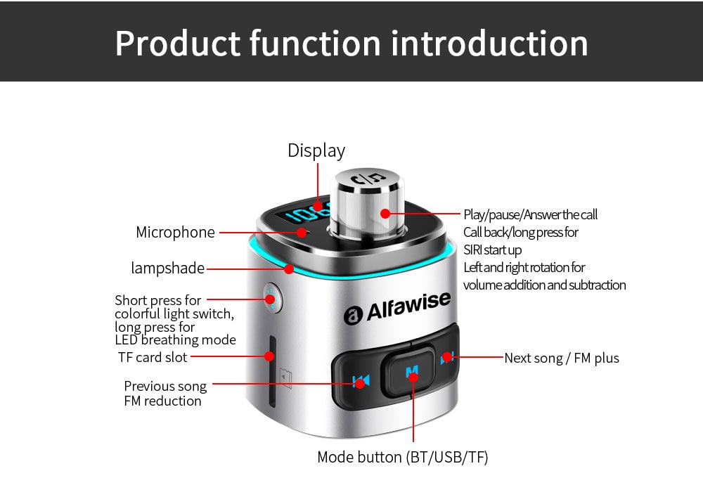 Alfawise QC3.0 Bluetooth 4.2 FM Transmitter Car Charger- Silver