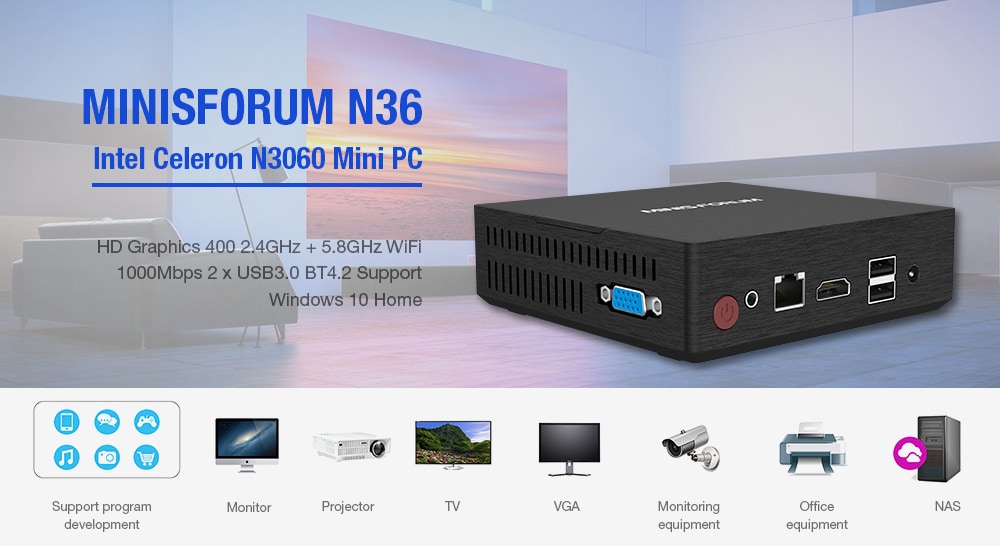 MINISFORUM N36 Intel Celeron N3060 Mini PC HD Graphics 400 Expandable 2.5 Inch SSD HDD 2.4GHz + 5.8GHz WiFi 1000Mbps 2 x USB3.0 BT4.2 Support Windows 10 Home- Black 4GB LPDDR3+64GB ROM UK Plug