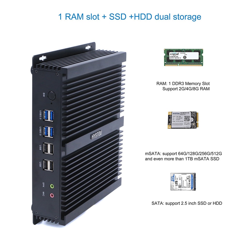 HYSTOU P04B - I7 - 4500U Fanless Mini PC Intel Core i7 4500U Intel HD Graphics 4400 / Expandable 2.5 inch HDD / 2.4G + 5G WiFi / 1000Mbps / 4 x USB3.0 / BT4.0- Black Barebone