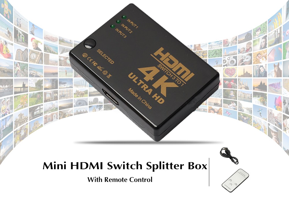 4K Mini HDMI Switch Splitter Box with Remote Control- Black 3 in 1 out