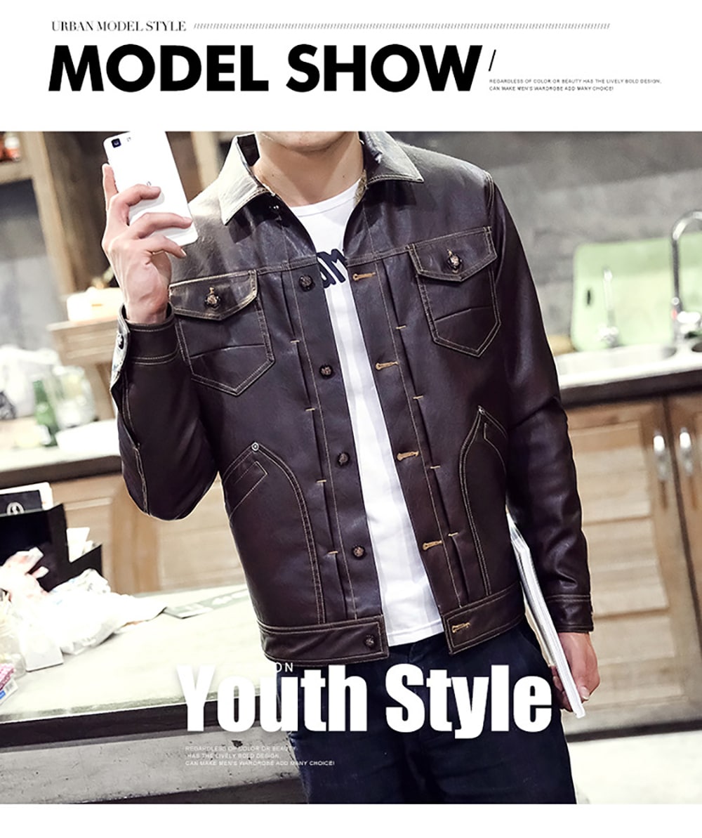 Winter Men's Casual Pu Leather Multi-Pocket Turn-Down Leather Jacket- Coffee M