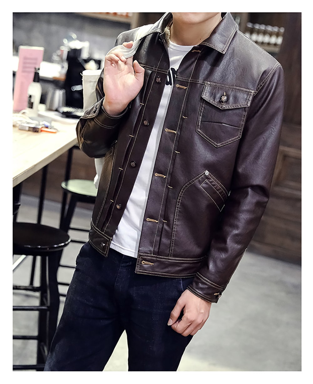 Winter Men's Casual Pu Leather Multi-Pocket Turn-Down Leather Jacket- Coffee M