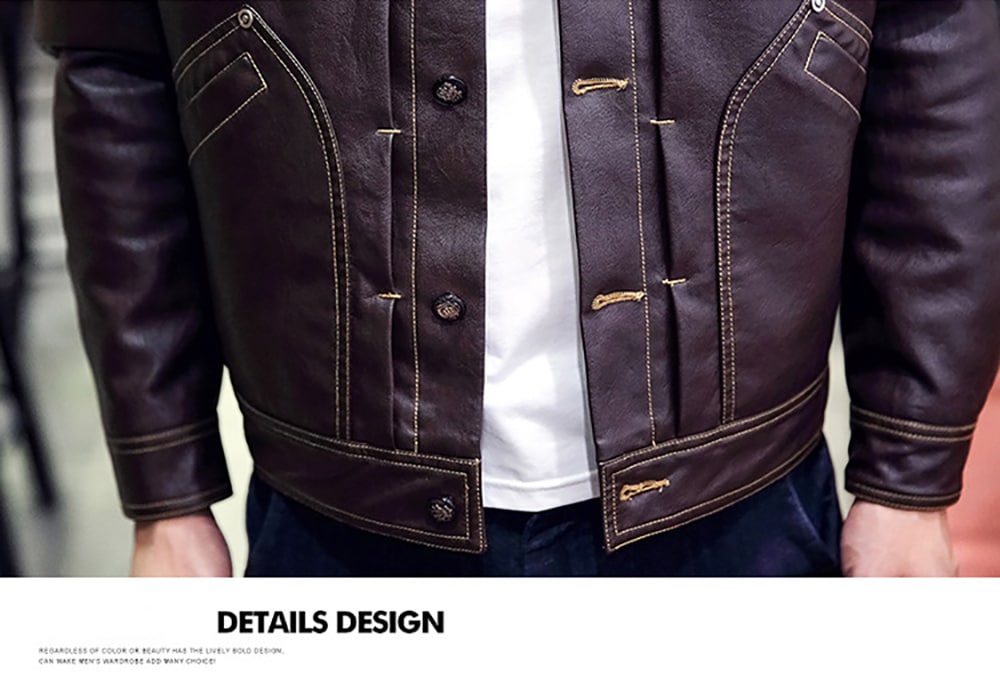 Winter Men's Casual Pu Leather Multi-Pocket Turn-Down Leather Jacket- Coffee M