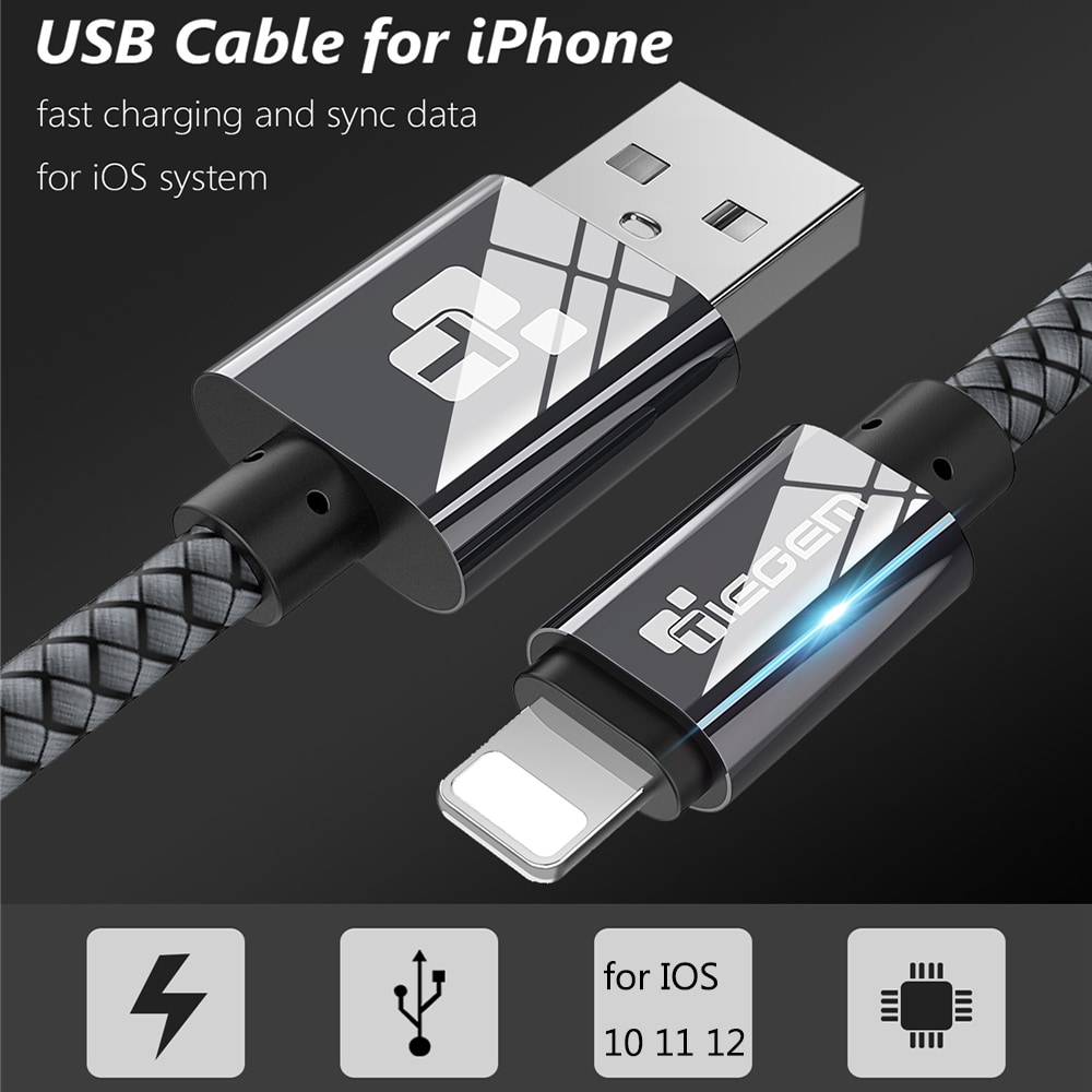 TIEGEM USB Cable for iPhone 6 7 8 Plus X XS 2A Fast Charging Mobile Phone Cables- Dark Gray 25cm