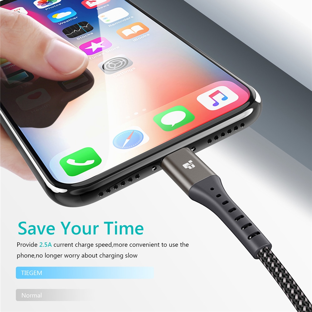 TIEGEM 2A USB Cable Fast Charging Cord for iPhone- Gray 30CM