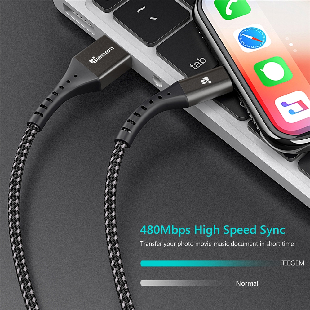 TIEGEM 2A USB Cable Fast Charging Cord for iPhone- Gray 30CM