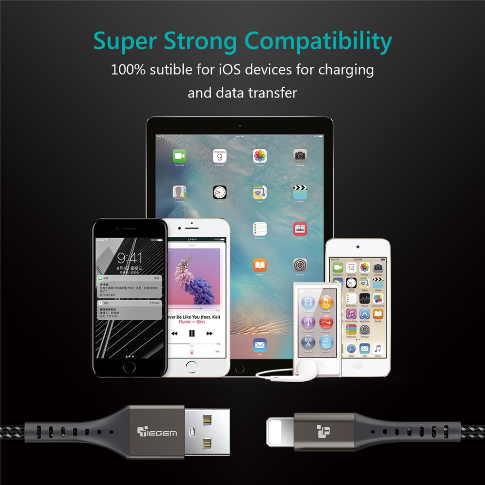 TIEGEM 2A USB Cable Fast Charging Cord for iPhone- Gray 30CM