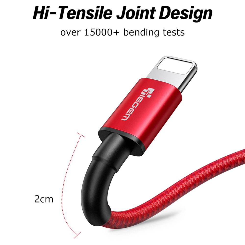 TIEGEM USB Cable for iPhone XS Max 2.4A Fast Charging USB Data Cable- Red 30CM