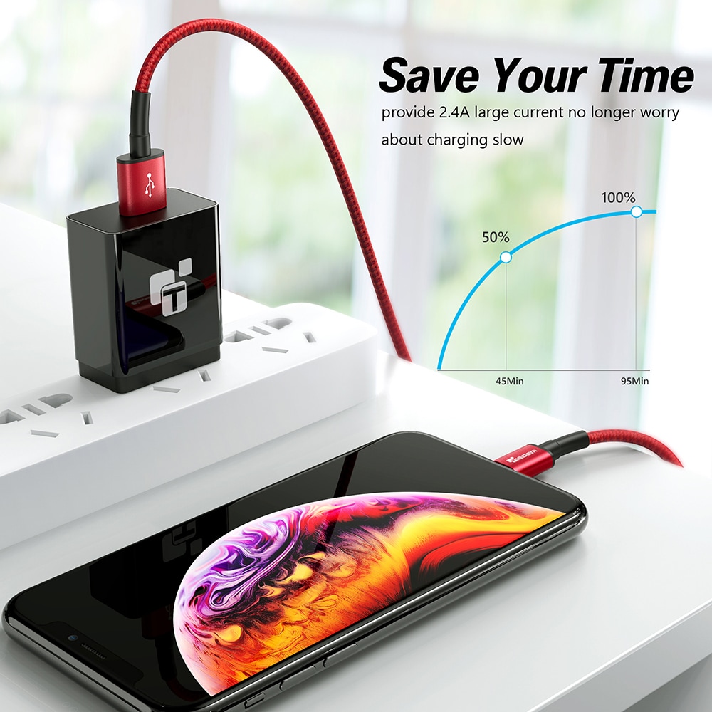 TIEGEM USB Cable for iPhone XS Max 2.4A Fast Charging USB Data Cable- Red 30CM