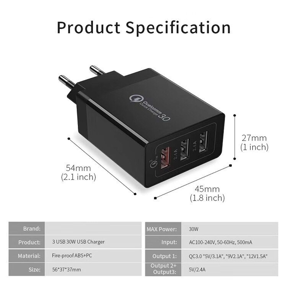 QC3.0 3-port USB Fast Wall Charger Power Adapter for Huawei / iphone / Xiaomi- Black